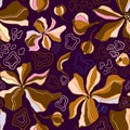 Retro line drawn brown blooming flowers, leafes, branches seamless pattern. Exotic trendy floral background. Abstract texture Royalty Free Stock Photo