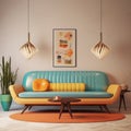 Retro Living Room: Colorful Couches And Pastel Paintings