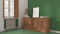 Retro living room with green painted wooden floor and walls. Rattan chest of drawer with decor. Frame mock up. Window with