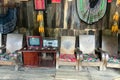 Retro living room interior with old TV, tape recorder, chairs, armchairs and a table. Walls of boards, plank floor. Nostalgia. Nor