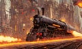 Retro locomotive fantastic design train in steampunk style, high speed with fire under wheels. Generative Ai