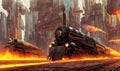 Retro locomotive fantastic design train in steampunk style, high speed with fire under wheels. Generative Ai