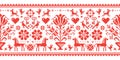 Traditional cross-stitch vector seamless folk art pattern with horses, flowers and birds - repetitive background inspired by Germa