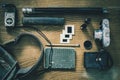 vintage photography camera kit with tripod, exposure meter, film rolls and bag Royalty Free Stock Photo