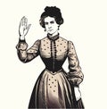 A retro-looking woman shows a stopping gesture with her hand, stop sign. Vector black vintage engraving isolated on white Royalty Free Stock Photo