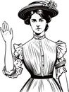 A retro-looking woman shows a stopping gesture with her hand, stop sign. Vector black vintage engraving isolated on white