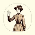 A retro-looking woman shows a stopping gesture with her hand, stop sign. Vector black vintage engraving isolated on white Royalty Free Stock Photo