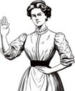 A retro-looking woman shows a stopping gesture with her hand, stop sign. Vector black vintage engraving isolated on white