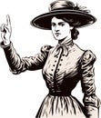 A retro-looking woman shows a stopping gesture with her hand, stop sign. Vector black vintage engraving isolated on white