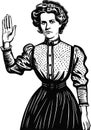 A retro-looking woman shows a stopping gesture with her hand, stop sign. Vector black vintage engraving isolated on white