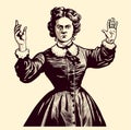 A retro-looking woman shows a stopping gesture with her hand, stop sign. Vector black vintage engraving isolated on white