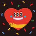 Retro love crazy and smeared heart smiley face. Hippie groovy smile character vector set. Valentine day concept.