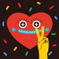 Retro love crazy and smeared heart smiley face. Hippie groovy smile character vector set. Valentine day concept.