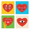 Retro love crazy and smeared heart smiley face. Hippie groovy smile character vector set. Valentine day concept. Vector