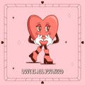 Retro lovely cartoon heart poster. Cute Groovy Character heart. Happy Valentines Day. Trendy retro 60s 70s style. Flyer