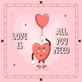 Retro lovely cartoon heart poster. Cute Groovy Character heart. Happy Valentines Day. Trendy retro 60s 70s style. Flyer