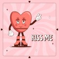 Retro lovely cartoon heart poster. Cute Groovy Character heart. Happy Valentines Day. Trendy retro 60s 70s style. Flyer