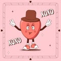 Retro lovely cartoon heart poster. Cute Groovy Character heart. Happy Valentines Day. Trendy retro 60s 70s style. Flyer