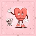 Retro lovely cartoon heart poster. Cute Groovy Character heart. Happy Valentines Day. Trendy retro 60s 70s style. Flyer