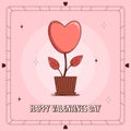 Retro lovely cartoon heart poster. Cute Groovy heart is like a flower in a pot. Happy Valentines Day. Trendy retro 60s