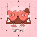 Retro lovely cartoon heart poster. Groovy couple in love Characters hearts. Happy Valentines Day. Trendy retro 60s 70s