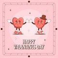 Retro lovely cartoon heart poster. Groovy couple in love Characters hearts. Happy Valentines Day. Trendy retro 60s 70s