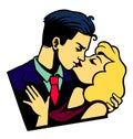Retro lovers couple kiss valentine`s day vector illustration