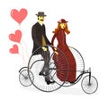 Retro loving couple man and woman on bicycles with b