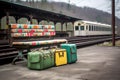 retro luggage set on vintage train station bench