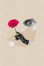 Retro magazine collage image of eye looking arm wear lace glove holding pink gerbera isolated beige color background