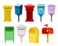 Retro mailboxes for correspondence set. Post boxes for paper letters flat vector illustration