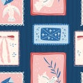 Retro mailing service seamless pattern. Carrier pigeon, bow and envelope in frames on dark stripes endless background. Surface