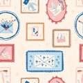 Retro mailing service seamless pattern. Carrier pigeon, bow and envelope in frames endless background. Surface pattern design