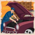 Retro man repairing car in garage