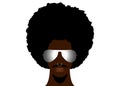 Retro man in 1970s hairstyle. Frizzy, 70`s with goatee and piercing. Funky cool african man with afro hairstyle and sunglasses