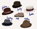 Retro man\'s hats. Various models of vintage hats. Vector isolated illustration.