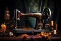 retro manual sewing machine, Antique black and gold with pattern on it