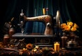 retro manual sewing machine, Antique black and gold with pattern on it