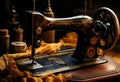 retro manual sewing machine, Antique black and gold with pattern on it