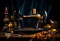 retro manual sewing machine, Antique black and gold with pattern on it