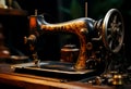 retro manual sewing machine, Antique black and gold with pattern on it