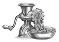 Retro meat grinder with handle. Vintage kitchen equipment. Engraved sketch illustration. Old mincing machine in action Royalty Free Stock Photo