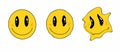 Retro melting crazy and dripping smiley face. Distorted yellow face. Hippie groovy smile character vector set. Vector