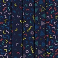 Retro memphis geometric line shapes seamless patterns set. Hipster fashion 80-90s. Abstract jumble textures. Black and