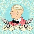 Retro men`s set: vector vintage illustration with gangster and gun revolvers Royalty Free Stock Photo