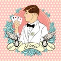 Retro men`s set: vector vintage illustration with gangster and gun revolvers. Retro party design of 1920s Royalty Free Stock Photo