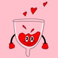 Retro Menstrual cup mascot character with hearts -. 40s, 50s, 60s old animation style.