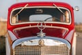 Retro Mercedes-Benz beige-scarlet car released in 1938, A rare car, a collectible car. Russia, Saint Petersburg, 08.08.2021