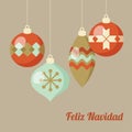 Retro Merry Christmas greeting card, invitation, Spanish Feliz Navidad. Hanging Christmas balls, flat design. Vector illustration Royalty Free Stock Photo