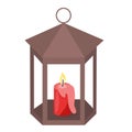 Retro metal lantern with burning red candle, front view, flat vector